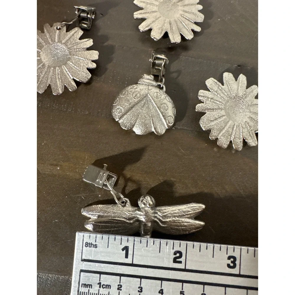 Vintage Silver Cast Metal Garden Tablecloth Weights Daisy Ladybug Dragonfly 5pc